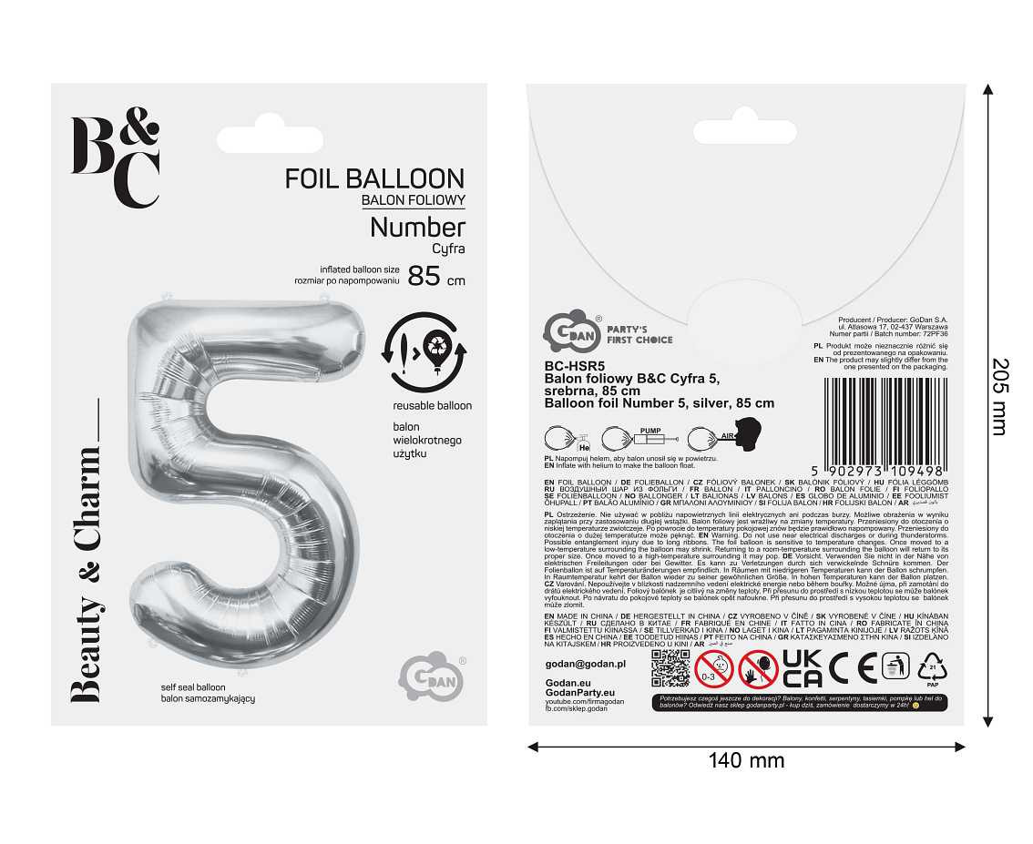 Foil balloon B&C Number 5, silver, 85 cm